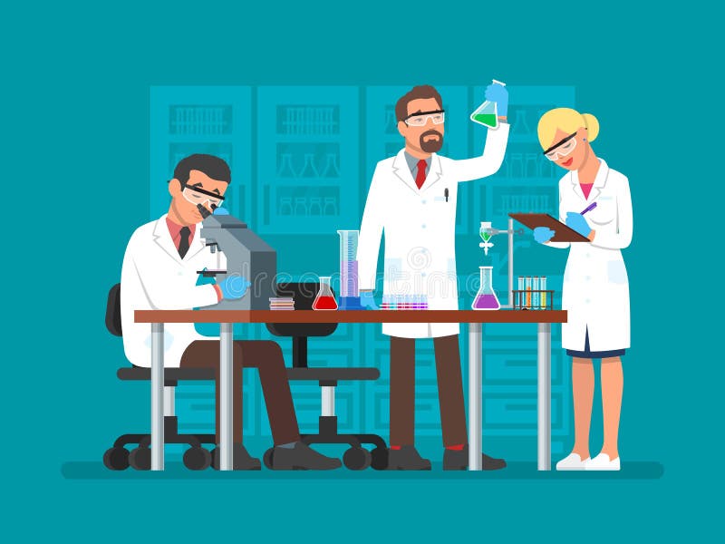 Vector illustration of scientists working at science lab, flat style