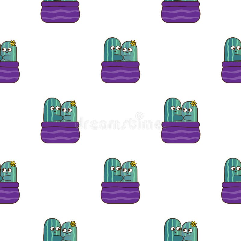 Vector illustration seamless pattern with cute cartoon characters of cactuses fall in love. stock illustration