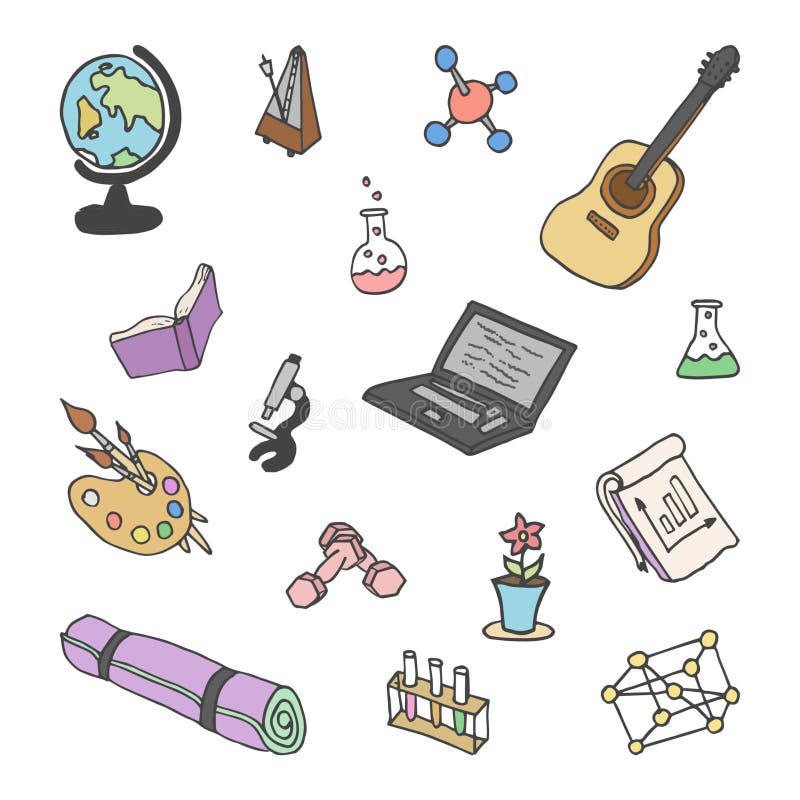 https://thumbs.dreamstime.com/b/vector-illustration-set-activity-objects-guitar-notebook-microscope-molecule-dumbbells-yoga-mat-metronome-hand-drawn-sketch-276521921.jpg