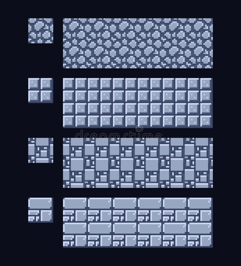 Vector illustration - set of 8 bit 16x16 stone and metal texture. Pixel art style game background seamless pattern stock illustration