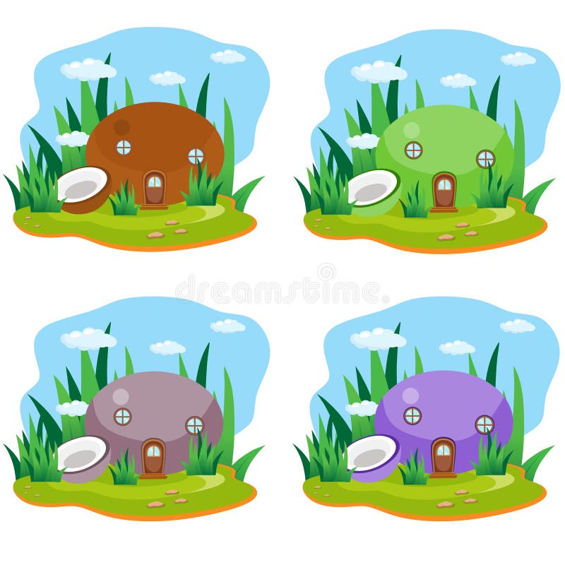 Vector Illustration Set of Coconut Fruit House with Grass and Cloud