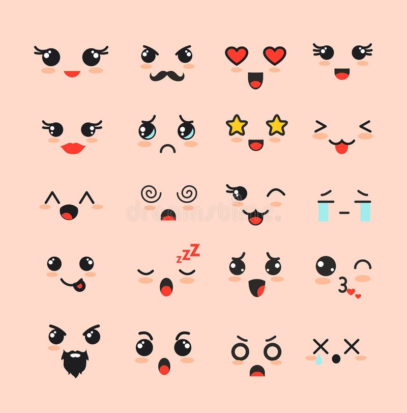 Vector illustration set of cute faces, different Kawaii emoticons, emoji adorable characters icons design on white stock illustration Vector illustration set of cute faces, different Kawaii emoticons, emoji adorable characters icons design on white stock illustration