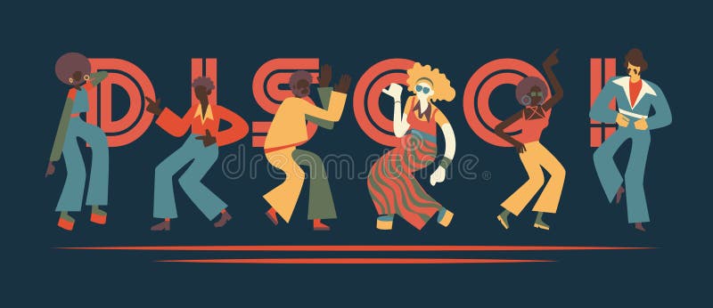 Vector illustration set of disco dancing people with retro clothes and hairstyles in flat cartoon style isolated on dark background with sign. Party or nightclub dancers in 70s fashion style. Vector illustration set of disco dancing people with retro clothes and hairstyles in flat cartoon style isolated on dark background with sign. Party or nightclub dancers in 70s fashion style.