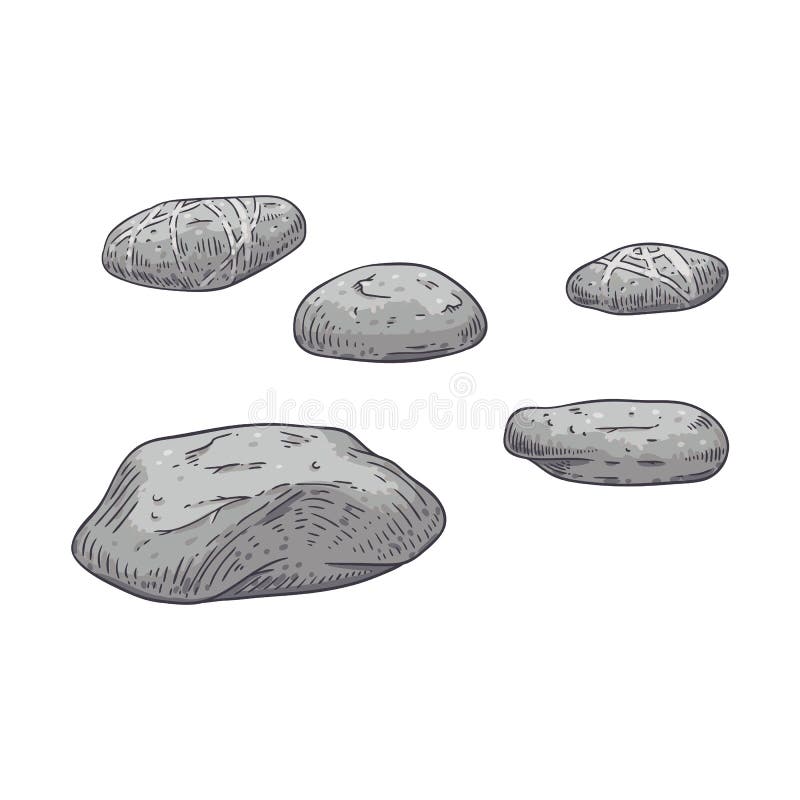 Vector illustration set of grey scattered sea pebbles in sketch style.