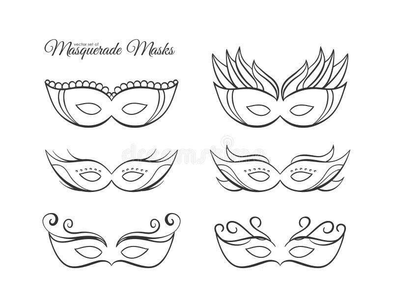 Vector Illustration Set of Hand Drawn Outline Masquerade Masks Stock