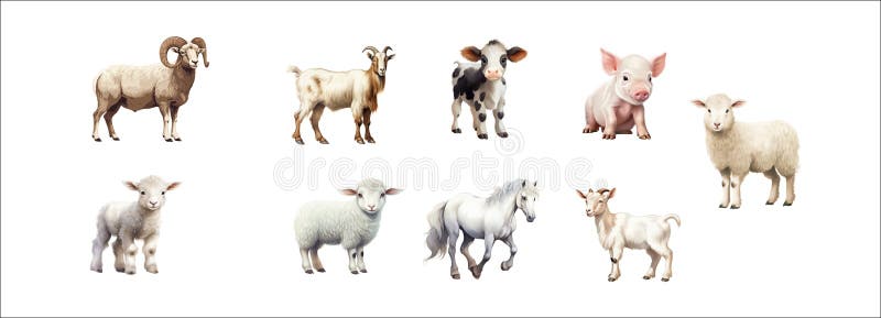 Vector Illustration Set of Various Farm Animals Ram, Goat, Cow, Pig, Sheep, Lamb, Horses in Realistic Style Isolated