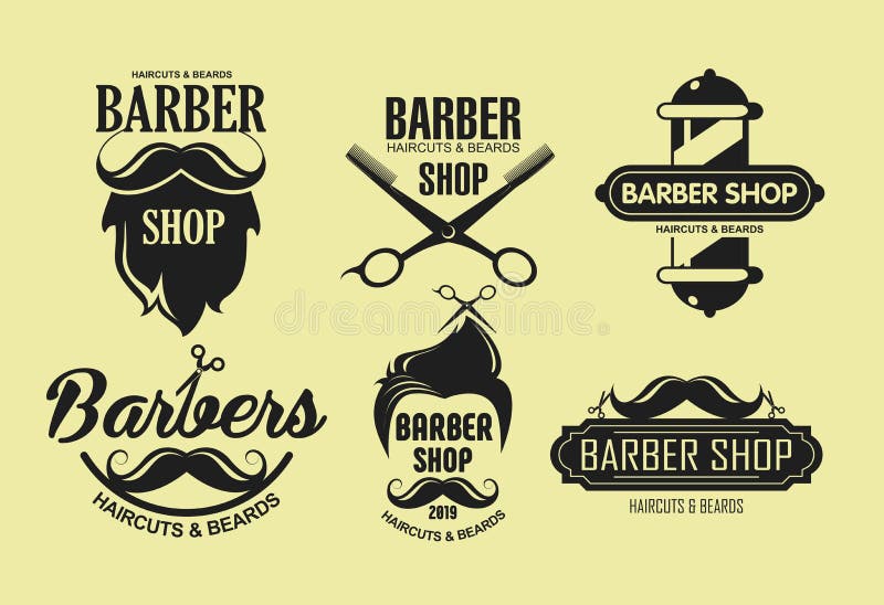 Vector illustration set of vintage barber shop emblems in retro style isolated on yellow color background. Labels royalty free illustration Vector illustration set of vintage barber shop emblems in retro style isolated on yellow color background. Labels royalty free illustration