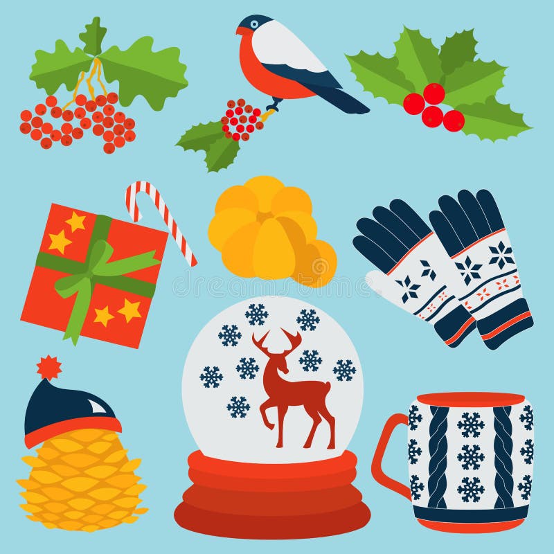 Vector Illustration of Set of Winter Color Seasonal Elements Stock