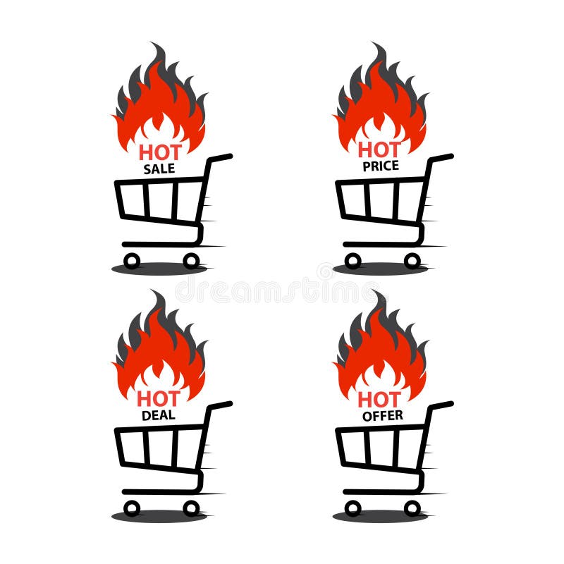 Vector Illustration of Shopping Cart with Flame. Fire Labels Set. Hot