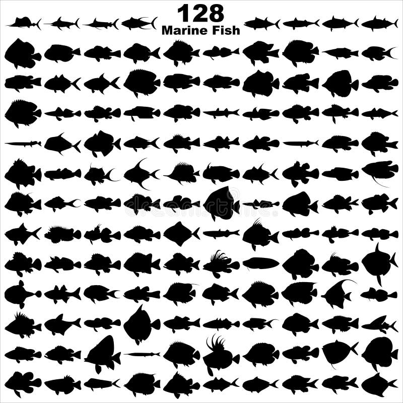 Vector illustration silhouette of 128 marine fishes royalty free illustration