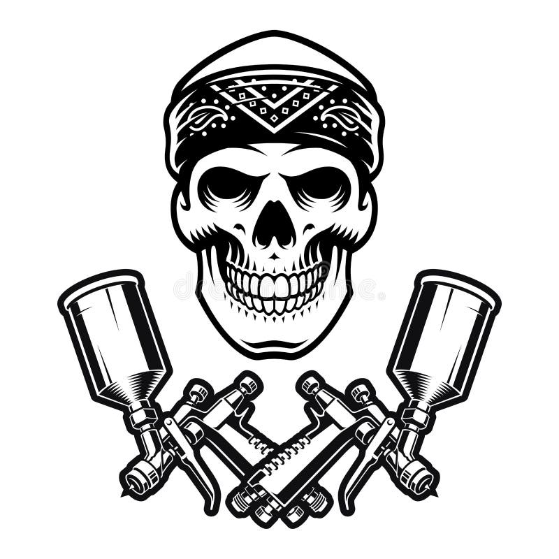 Skull with spray guns stock illustration. Illustration of design