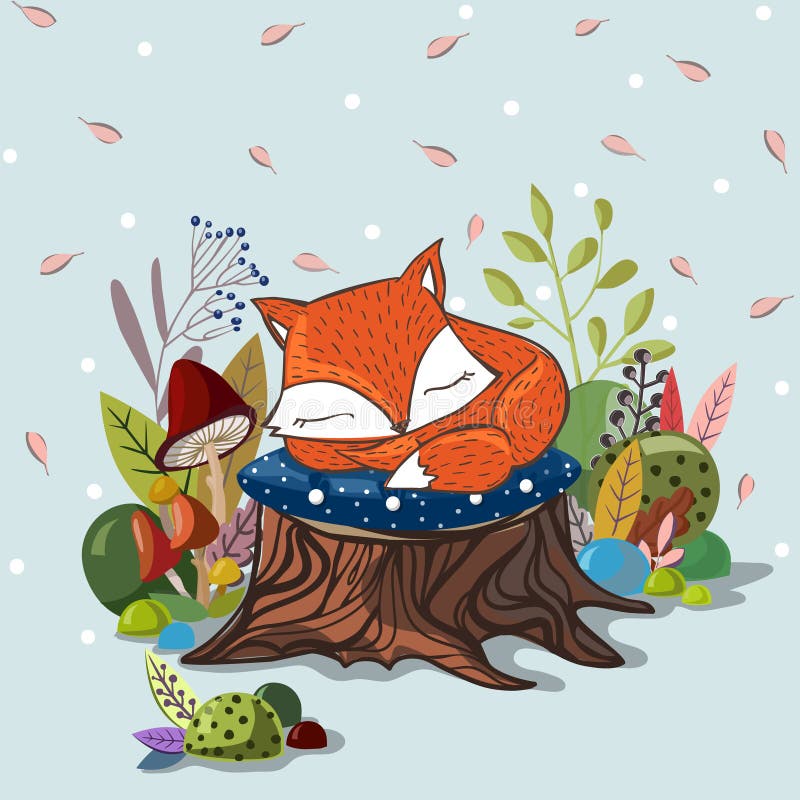 Vector illustration with slipping baby fox.