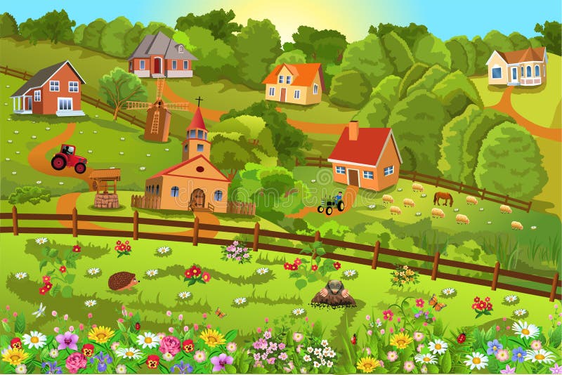 Vector illustration of a small village on hills with lots of flowers all around stock illustration