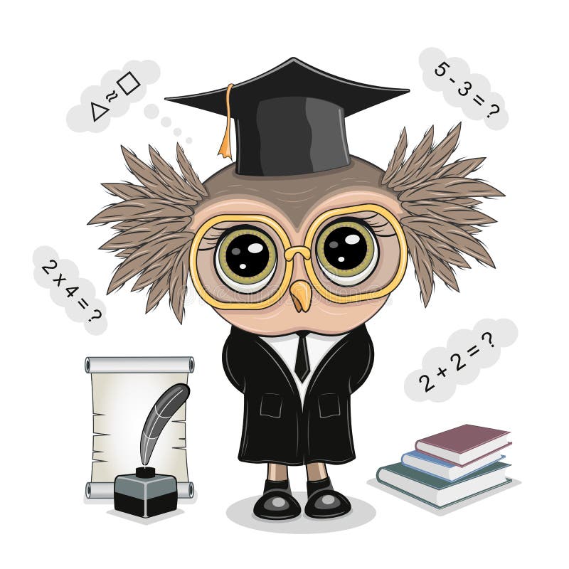 Vector illustration of a smart owl with glasses, a teacher and a school. Student inkwell, a quill and a scroll with the students. stock illustration