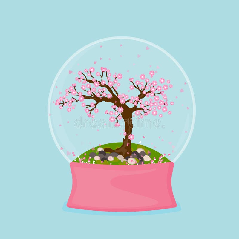 Snow globe with sakura tree inside on green stock illustration Snow globe with sakura tree inside on green stock illustration