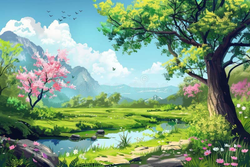 Vector illustration of Spring season landscape background royalty free illustration