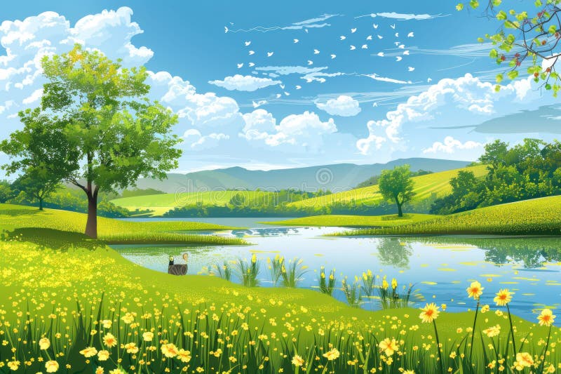 Vector illustration of Spring season landscape background stock illustration