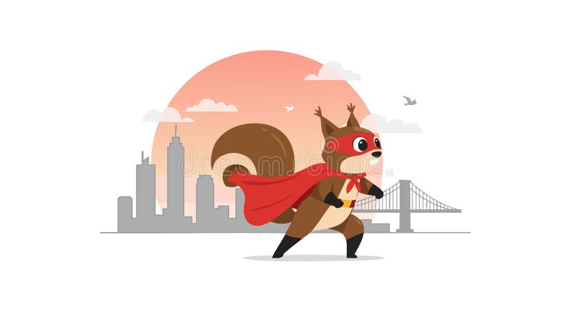 Squirrel Superhero Cartoon Character Running in City Sunset Background Vector Illustration royalty free illustration