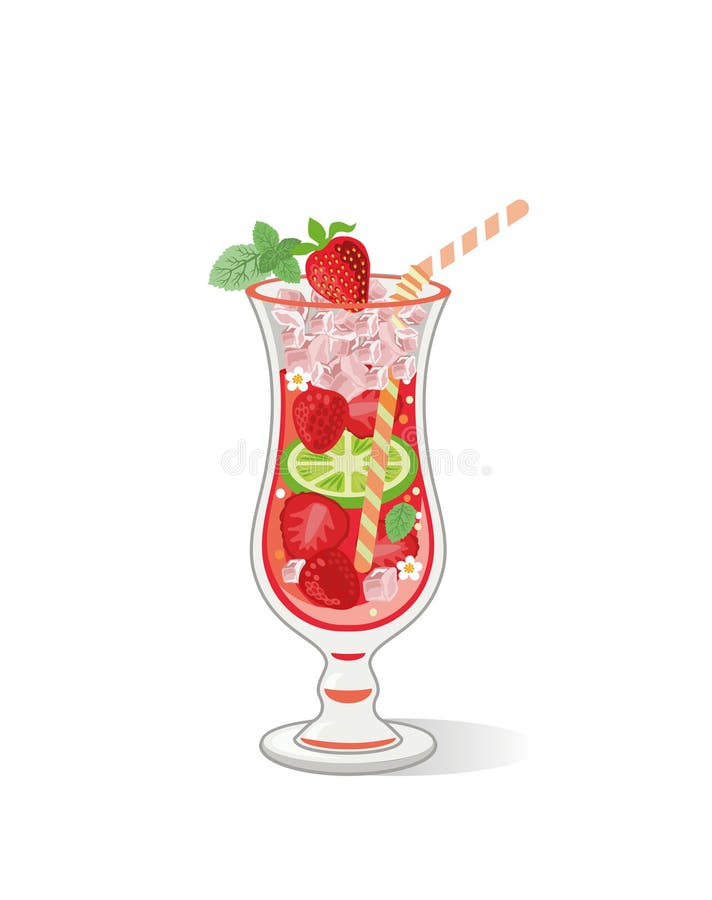 Vector illustration of strawberry-mint cocktail in a hurricane glass on a white background royalty free illustration