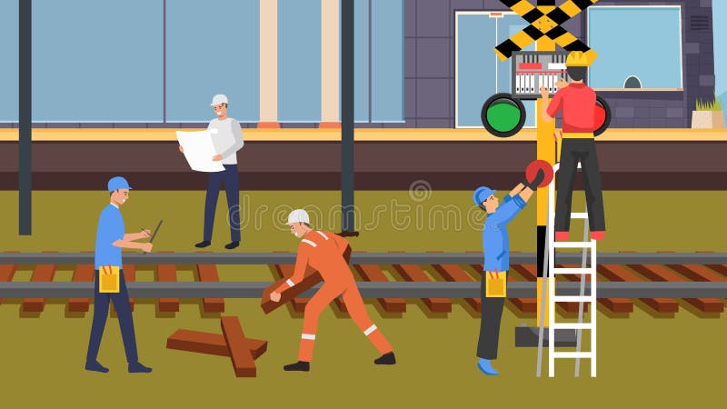A vector illustration of Subway Workers Working on the Rails stock illustration