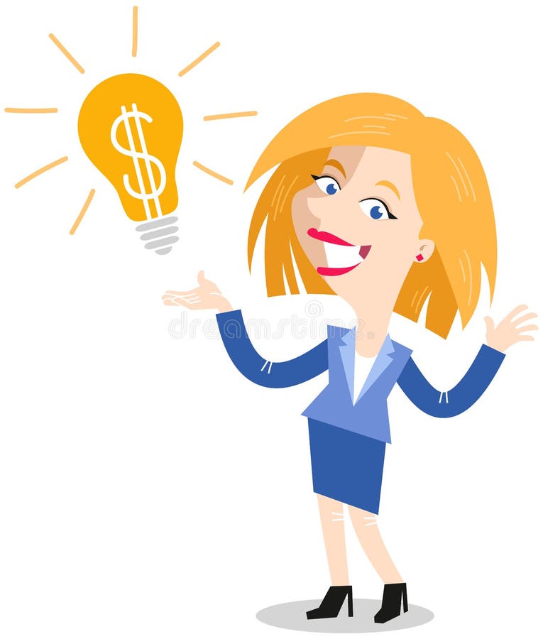 Vector illustration of a successful blonde cartoon business woman next to light bulb with dollar sign, having a great idea royalty free illustration Vector illustration of a successful blonde cartoon business woman next to light bulb with dollar sign, having a great idea royalty free illustration