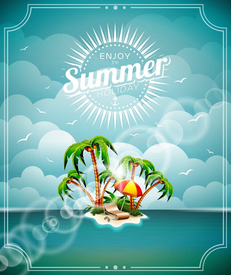 Vector illustration on a summer holiday theme with paradise island on sea background.