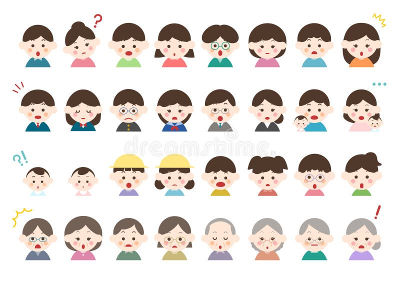 Vector illustration of Surprised face and questioning face. Facial expression icon set. People of various ages stock illustration
