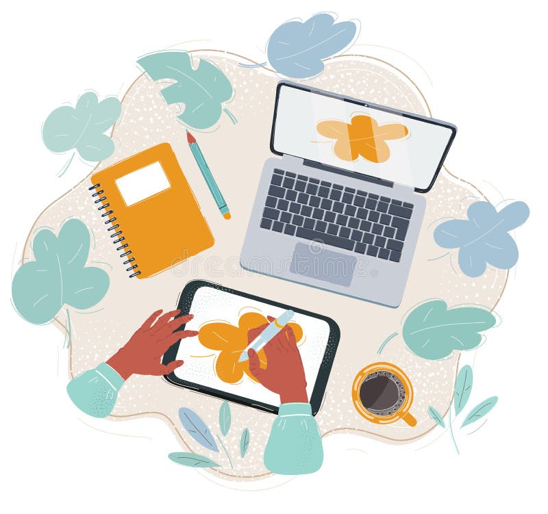 Vector illustration of tablet and stilys. Artist make draw, working on workplace. vector illustration