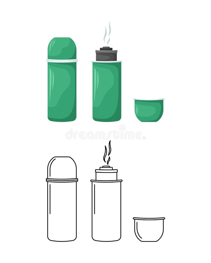 Vector Illustration of a Thermos in Two Styles Flat and Outline Stock