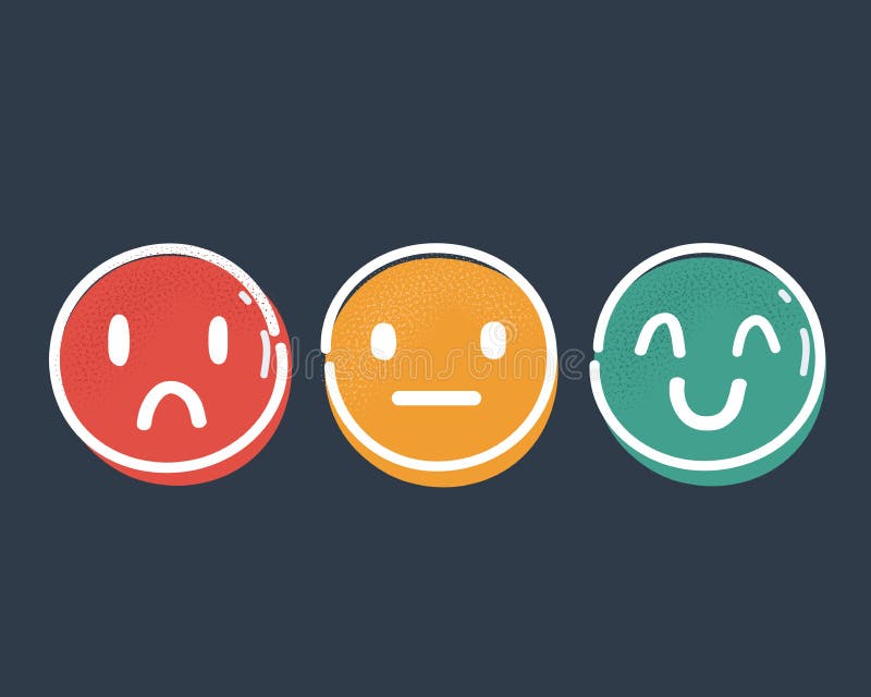 Vector illustration of three buttons with happy, neutral and sad emotion faces on dark backgound.