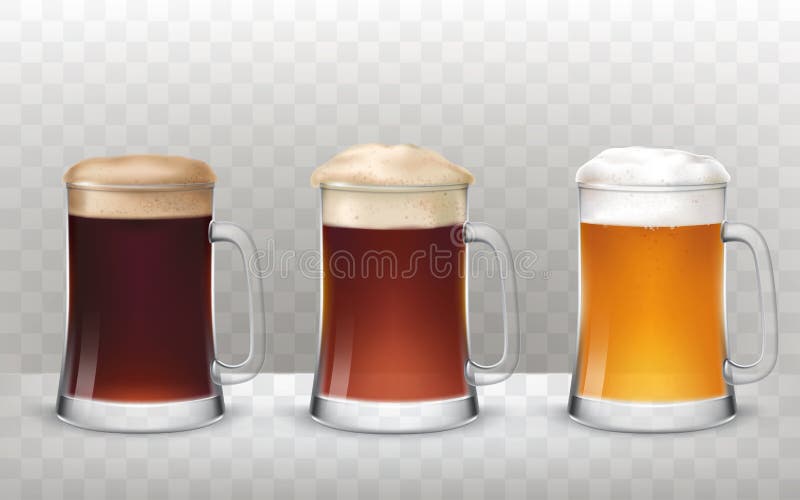 Vector illustration three glass beer mugs with a different beer on a transparent background