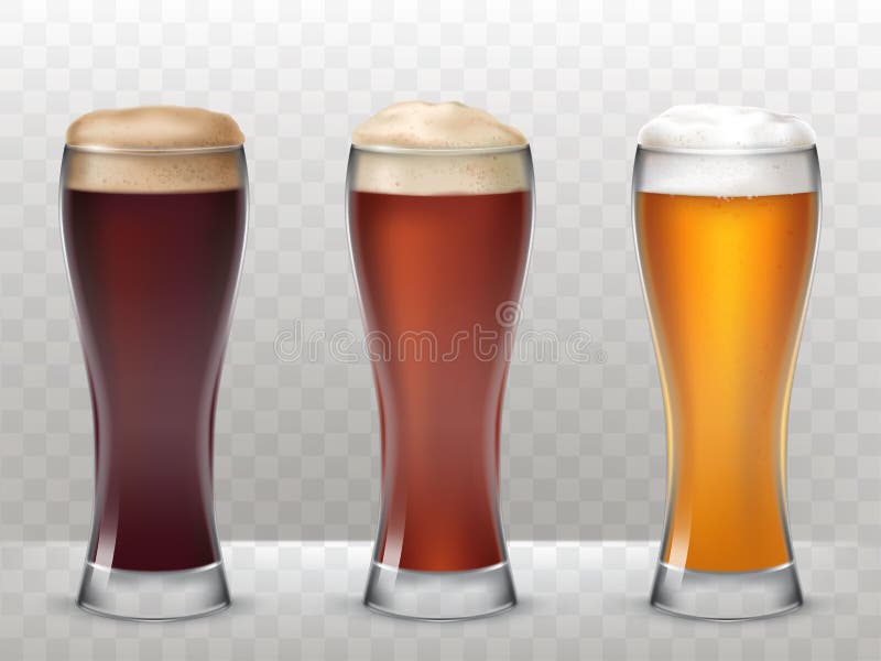 Vector illustration three tall glasses with a different beer on a transparent background