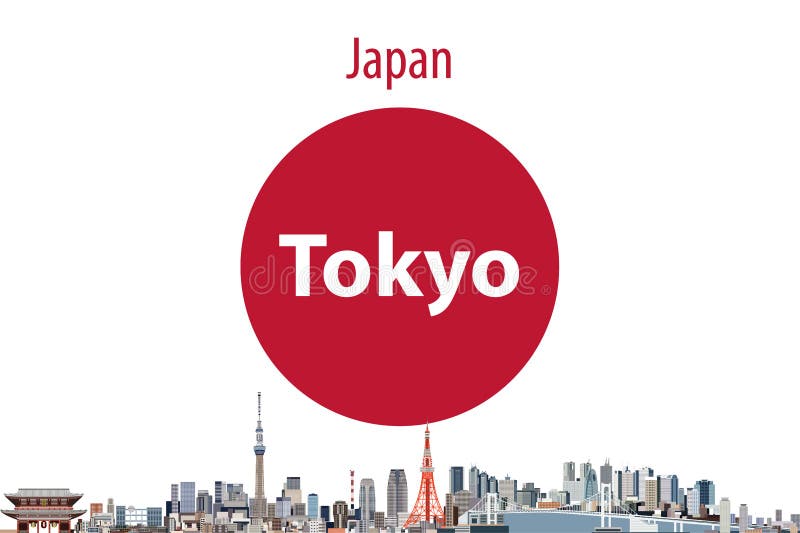 Vector illustration of Tokyo city skyline with flag of Japan on background