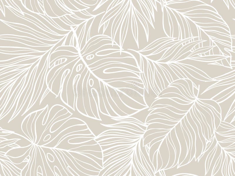 Vector Illustration of a Tropical Leaves Background with Elegant White Line Art Patterns on a Soft Beige Canvas stock abbildung