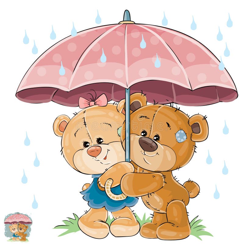 Vector illustration of two brown teddy bear boy and girl hiding from the rain under the umbrella