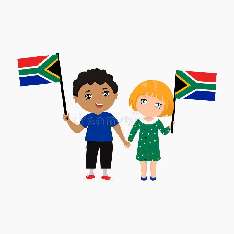 Vector Illustration of Two Cartoon Kids with the Flags of South Africa ...