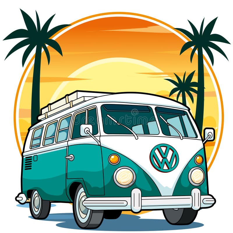 Vector Illustration of Vintage Hippie Van in Turquoise Color Editorial ...