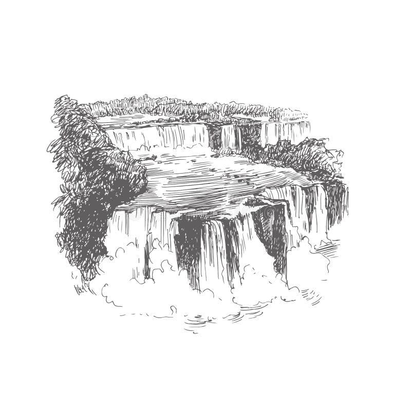 Vector illustration of waterfall in Brazil in engraving style. Iguazu falls black and white sketch. Hand drawn vintage stock illustration Vector illustration of waterfall in Brazil in engraving style. Iguazu falls black and white sketch. Hand drawn vintage stock illustration