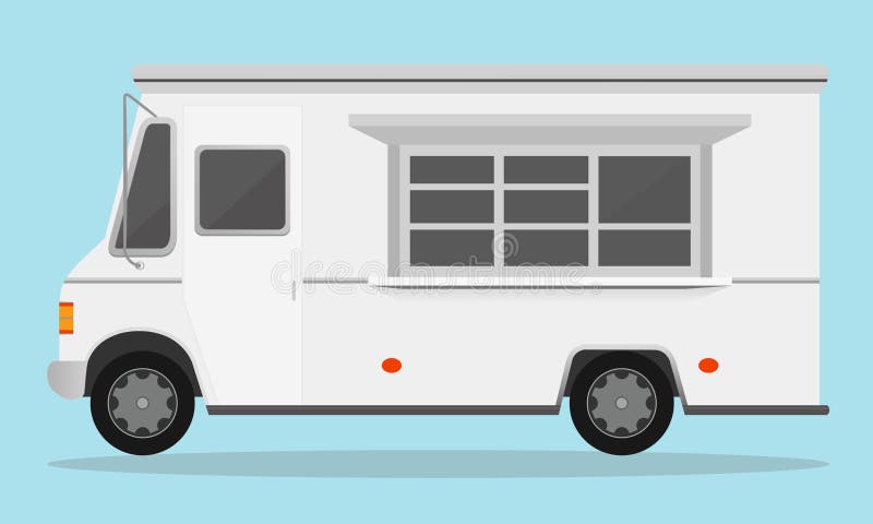 Vector illustration of white fast food trailer on light blue color background in flat style. vector illustration Vector illustration of white fast food trailer on light blue color background in flat style. vector illustration