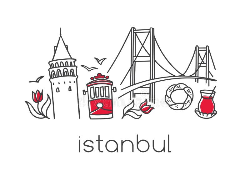 Vector illustration witj Istanbul symbols tower, tram, bridge