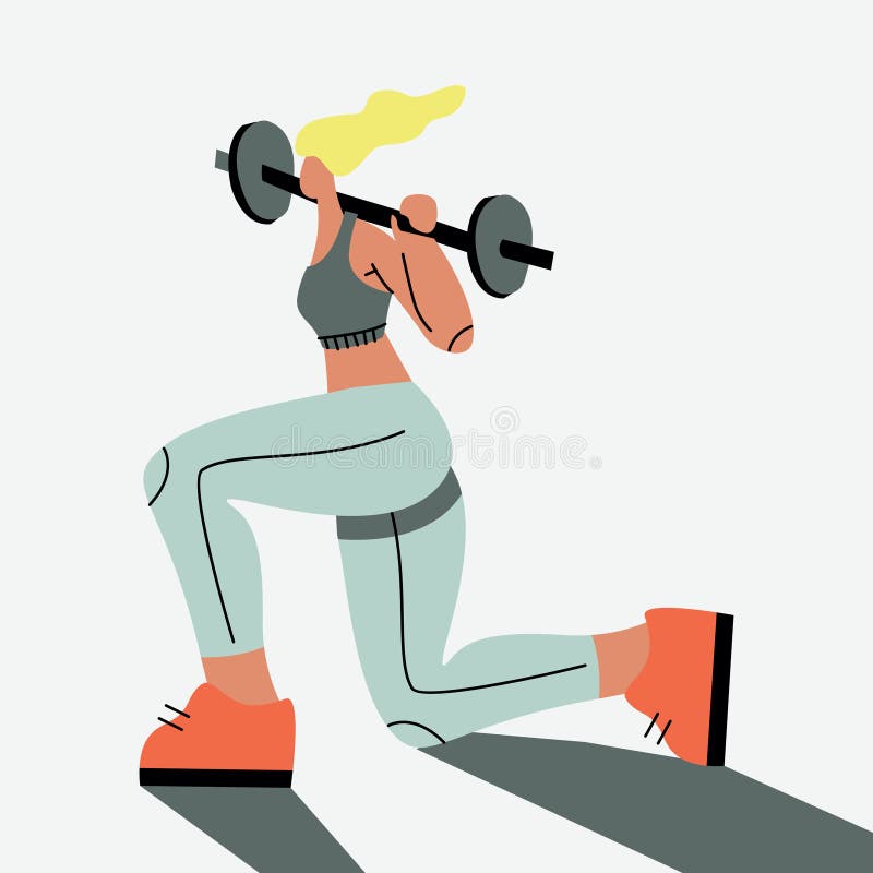 Vector Illustration with Woman Lifting a Barbell. Flat Cartoon Character Stock Vector