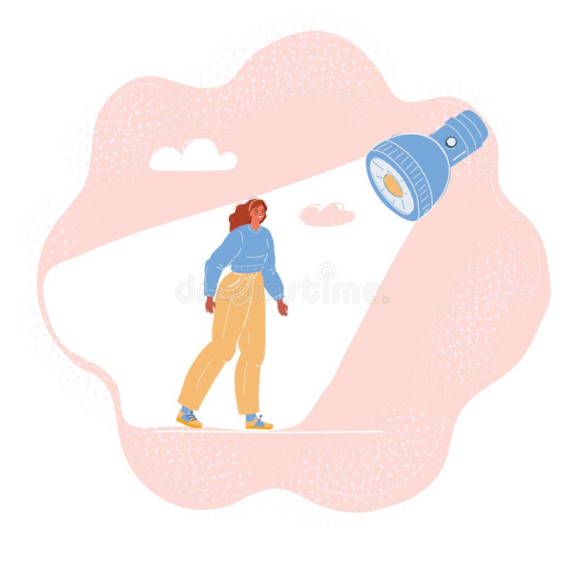 Vector illustration of woman stand at light of pocket flashlight. royalty free illustration
