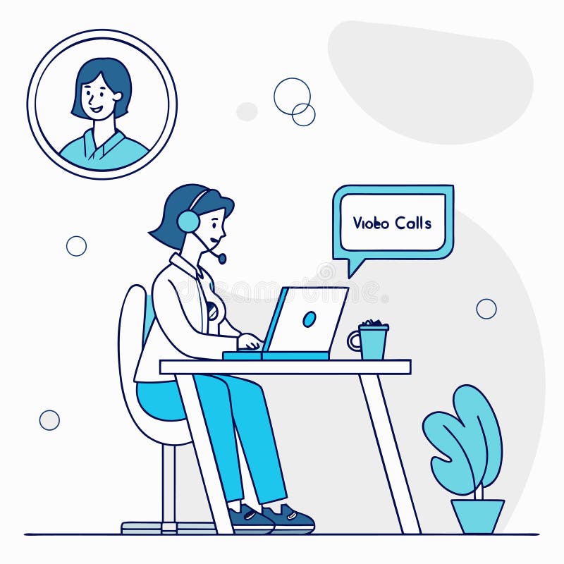 Vector illustration of woman using laptop and headset for online video call, remote work communication concept in flat line style vector illustration