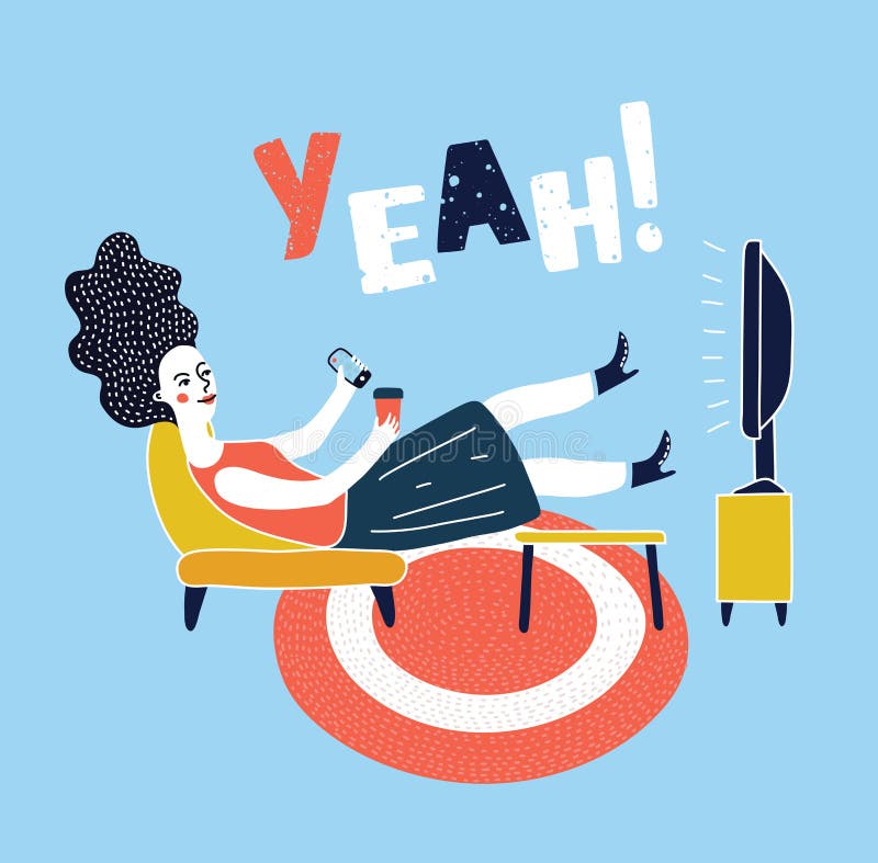 Vector cartoon illustration of woman watching television armchair and sitting in chair, drinking. Vector cartoon illustration of woman watching television armchair and sitting in chair, drinking