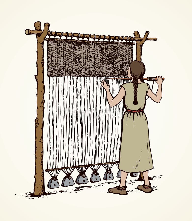 Mladý žena v jednoduchý šaty vrkoč na primitívne pletenie stroj na bielom pozadie.