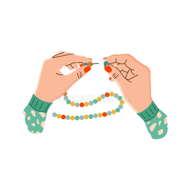 Vector illustration of women`s hands with beads and stringing on a string. The manufacture of beads. Hands of a needlewoman