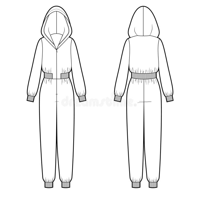 Vector Illustration of Women`s Hooded Maxi Jumpsuit. Front and Back ...