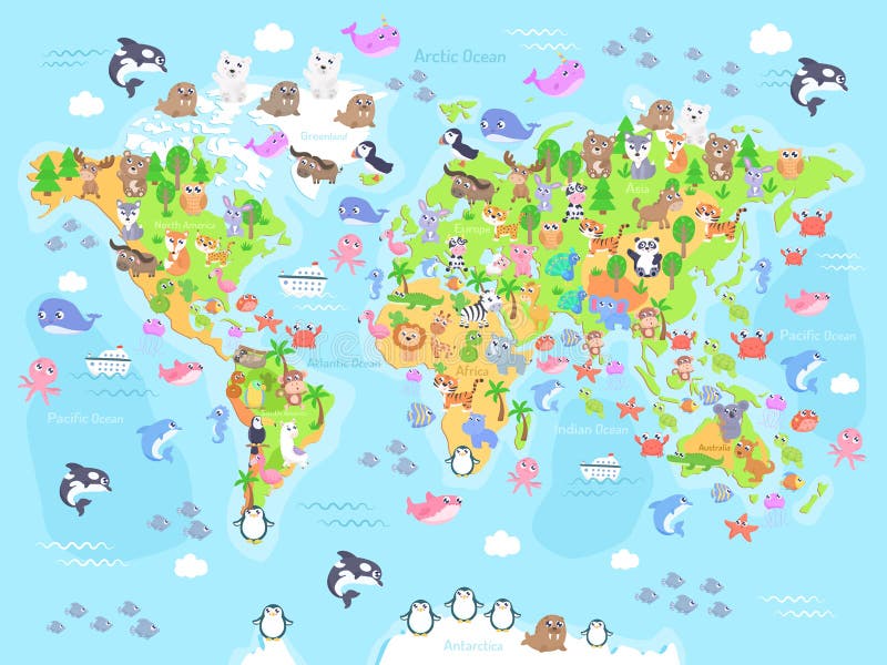 Vector Illustration of World Map with Animals for Kids. Stock