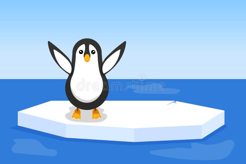 A lone penguin on a broken ice floe, waving flippers, calling for help. Vector illustration