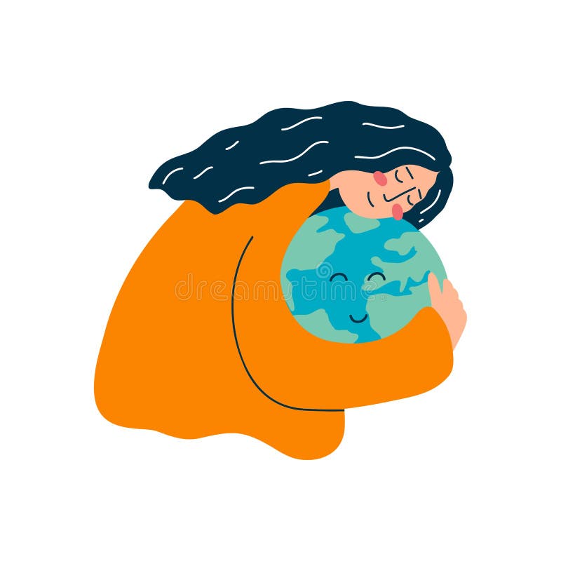Vector illustration of young woman hugs earth globe in cartoon flat style. The concept of protecting the planet, saving vector illustration